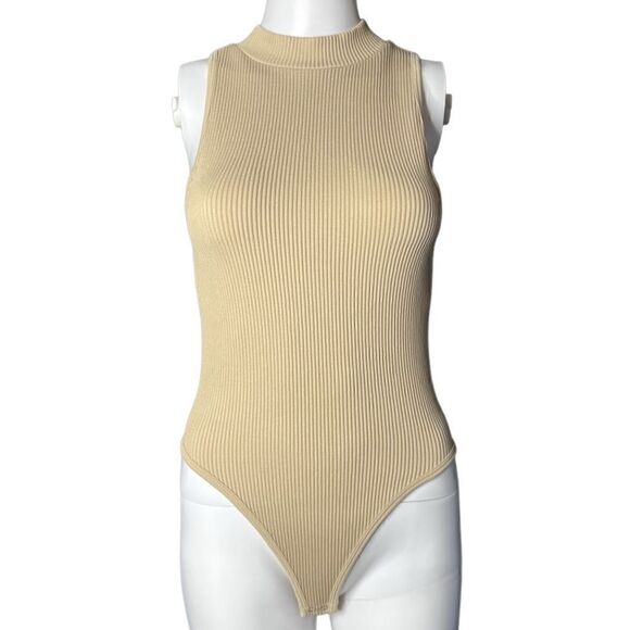 Pink Rose Tops - Pink Rose Ribbed Mock Neck Bodysuit Tan XS Small
